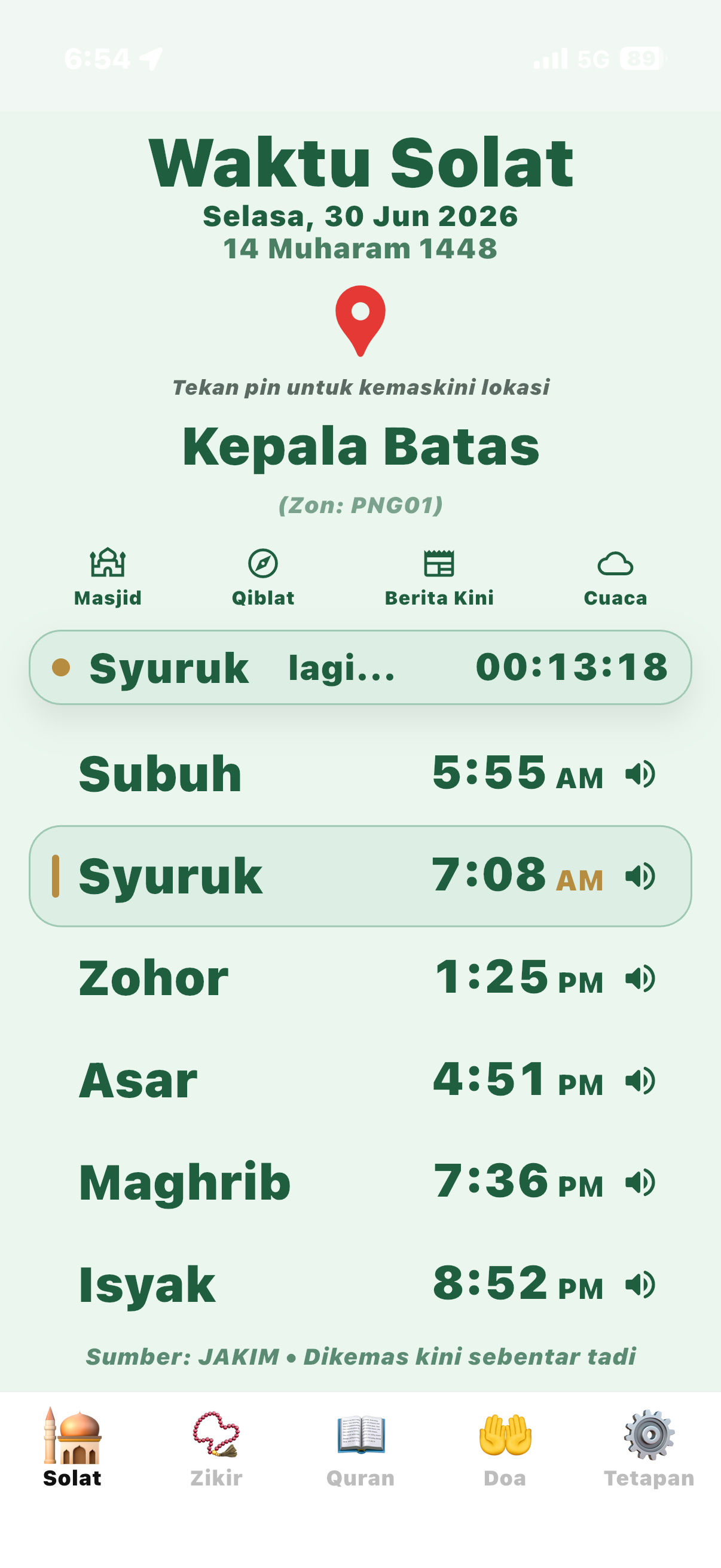Tetapan azan dan notifikasi MySolat