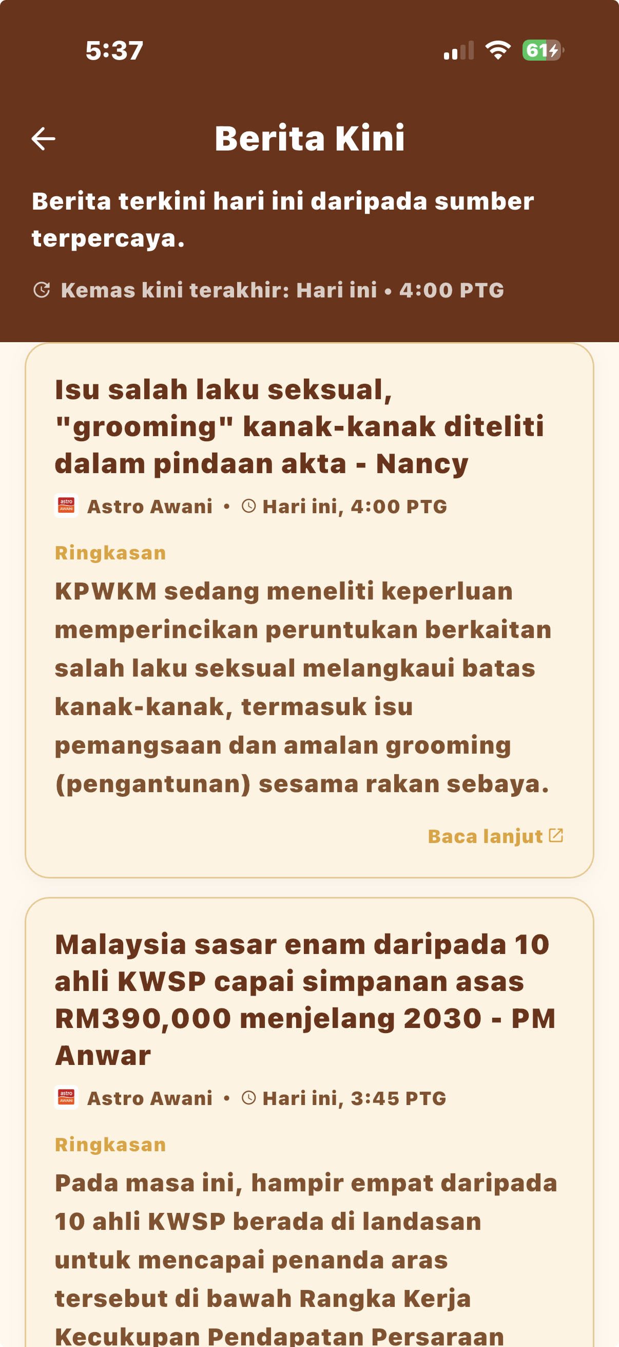 Paparan Berita Kini terbaharu dalam MySolat