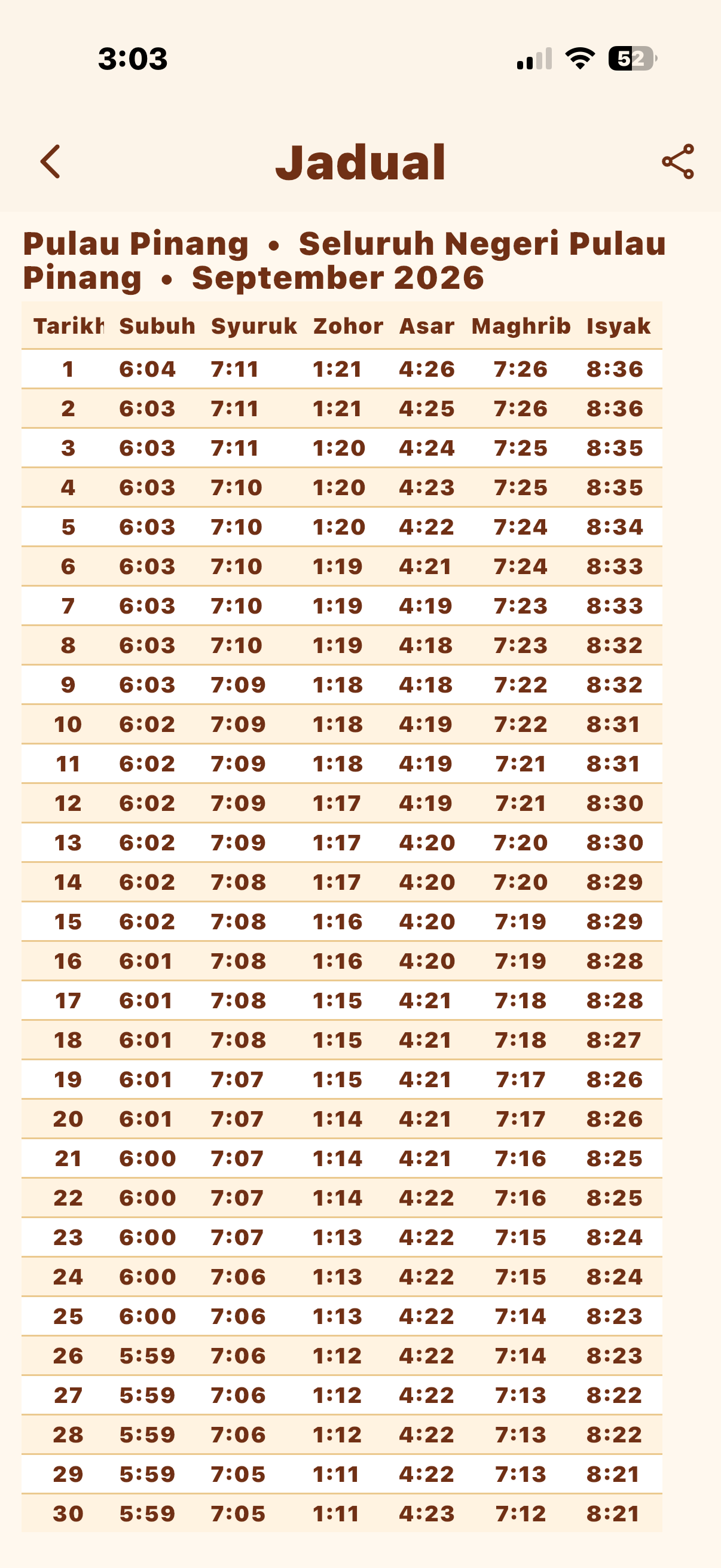 Jadual waktu solat bulanan MySolat bagi September 2026